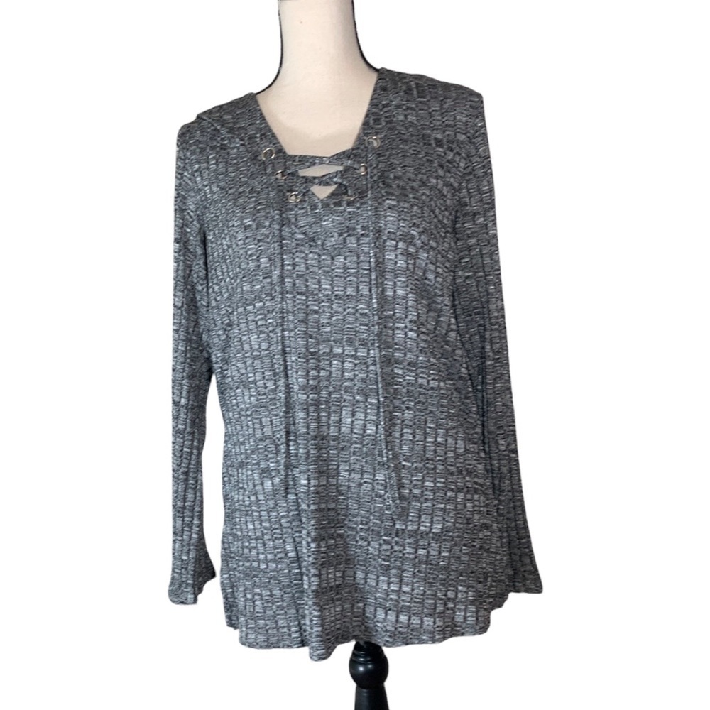 Chenault Black White Long Sleeve Sweater Blouse Cross Tie Front - XL